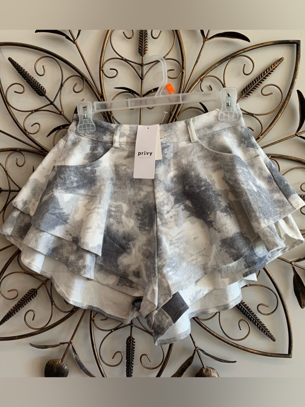 NWT Privy Gray & White Tie-Dye Layered Shorts